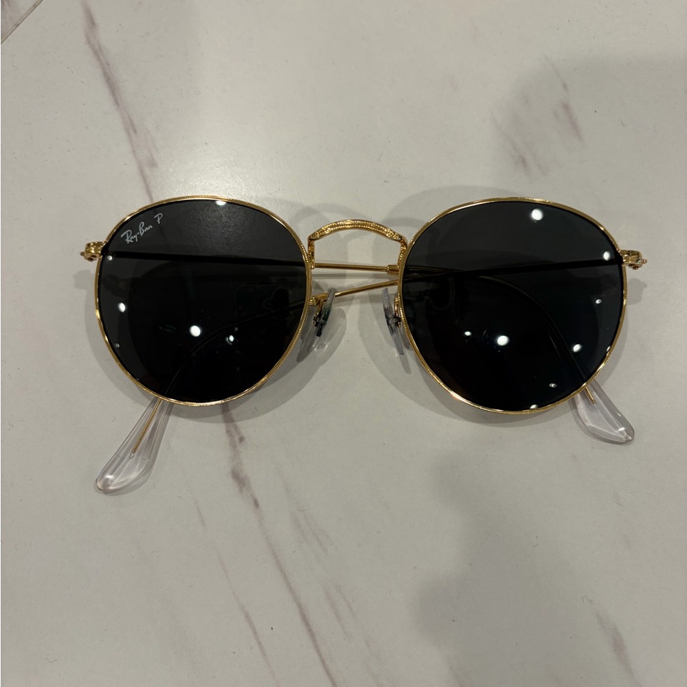 Ray-Ban Gold Round Frame Sunglasses with Black Lenses